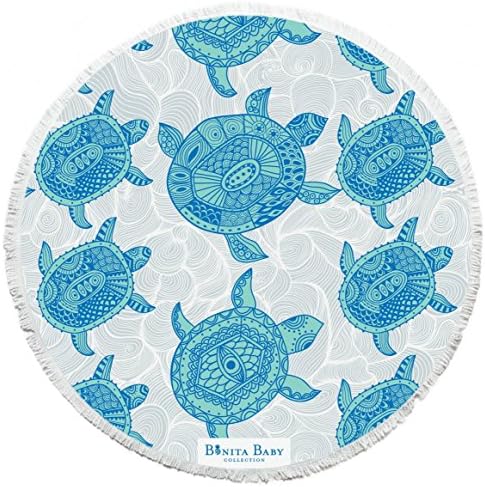 Round Baby Beach Towel | 100% Cotton | Soft Plush Material w/ Fringe Tassels | Turtle Design for Children, 3' Diameter