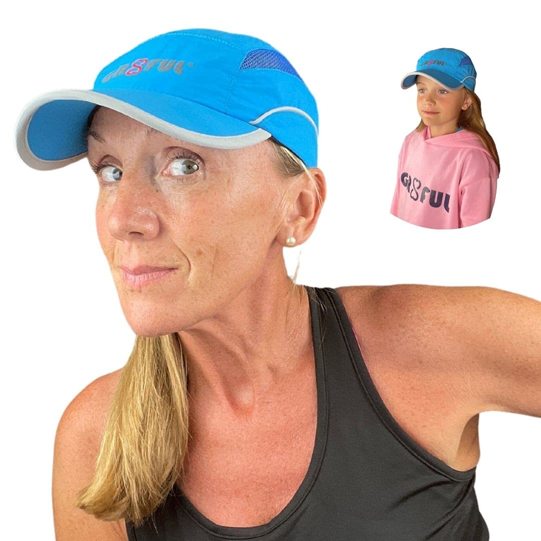 gr8ful® Running Cap for Men, Women, Boys & Girls | Sports Cap or Sun Hat | Cycling, Tennis or Golf Flat Baseball Cap | Fitted Lightweight Quick Dry Panel Fabric & Mesh, Adjustable, Long Peak, Blue
