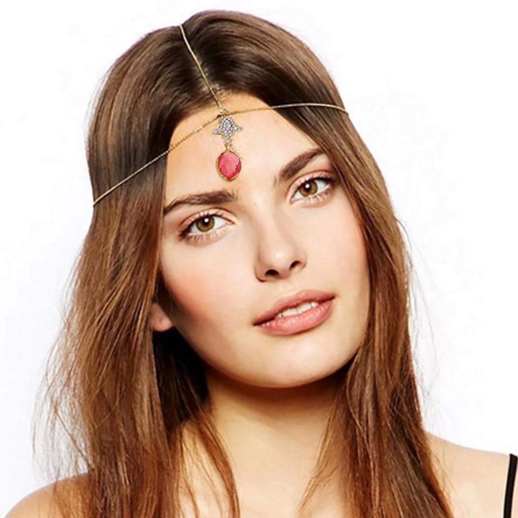 Edary Bridal Boho Gemstone Head Chain Gold Crystal Headpiece Prom Festival Forehead Chain Wedding Hair Accessories Party Belly Dance Head Jewelry for Women and Girls
