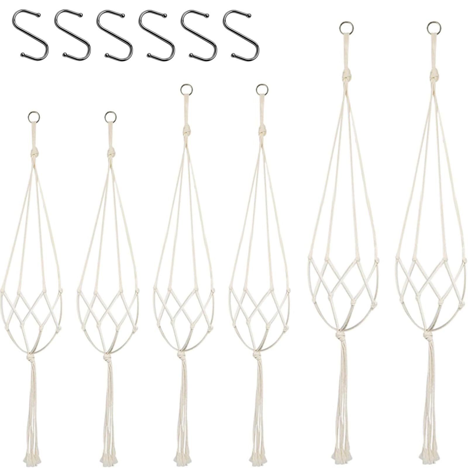 IUSOT 6 Pack Macrame Plant Hanger With 6 Hooks, Jute Rope Baskets for Indoor Outdoor Plants, Home Garden Decor (60/80/100 cm)