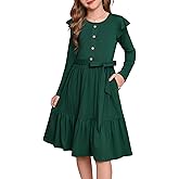 GRACE KARIN Girls Fall Long Sleeve Dress for Girl Rullfe Button Casual Flowy Tiered Dresses with Pocket 6-14Years