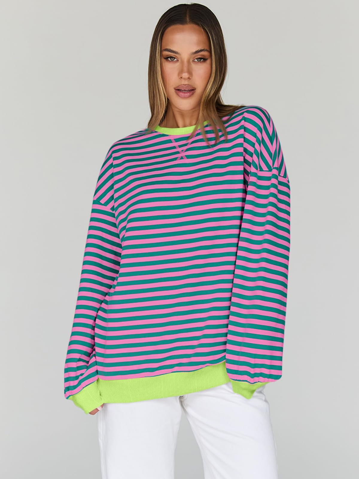 Trendy Queen Oversized Sweatshirt for Women 2025 Summer Crewneck Striped Long Sleeve Shirts Hoodies Cute Top Y2K Outfits