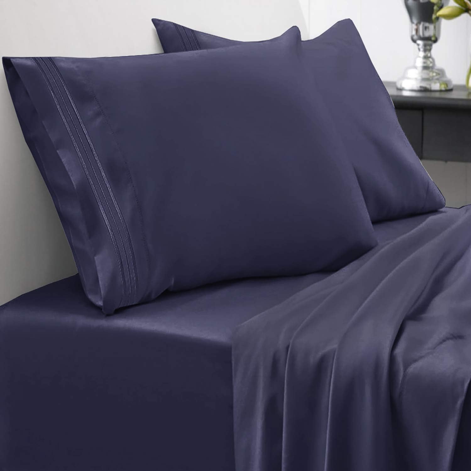 Sweet Home CollectionLuxury Bedding Set with Flat, Fitted Sheet, 2 Pillow Cases, Microfiber, Navy, King