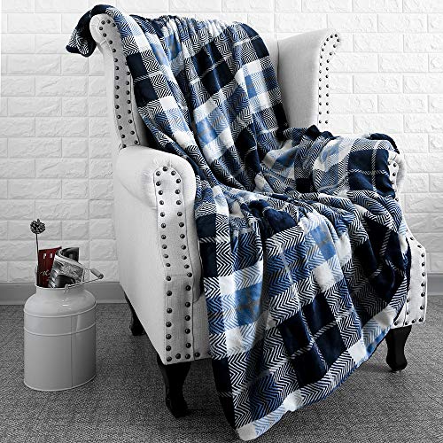 EverGrace Luxury Flannel Plaid Faux Fur Throw Blanket, Super Soft Lightweight Microfiber Bedding Blanket for Couch or Outdoor Travel Use W50 x L60 (Blue) - Thumbnail 4