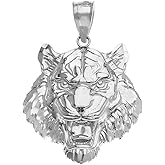 Claddagh Gold Fine 925 Sterling Silver Roaring Tiger Head Animal Necklace Pendant, 1.31"