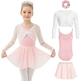 JiAmy Girls Ballet Leotards 4 Pcs Dance Outfits Combo with Mesh Cardigan, Removable Skirt for 3-12 Years