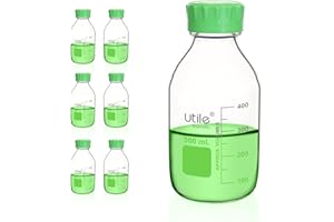Utile Media Bottle, 3.3 Borosilicate Glass Bottles with GL45 Screw Caps, 6pcs of 500ml(16.9oz) Lab Media Bottles, PP Material