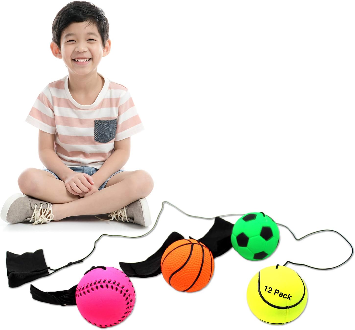 Rubber Sponge Bounce Balls with String 12 Pack Sports Theme Party Favor HiBounce Rubber Toy