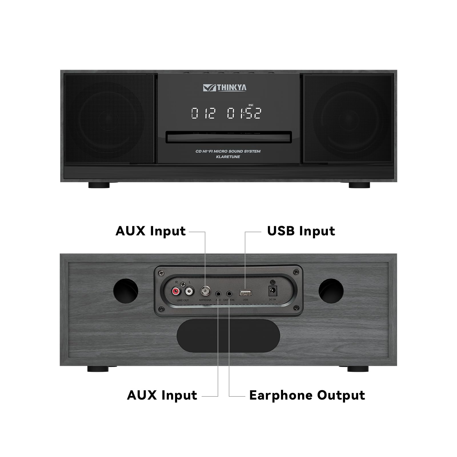 Vintage Bluetooth Stereo System for Home, THINKYA 30W RMS Micro HiFi Systems CD Player Dual 3” Bass with Bluetooth Audio Streaming, FM Radio, USB Port, Aux-in, Earphone Port, Remote Control Black