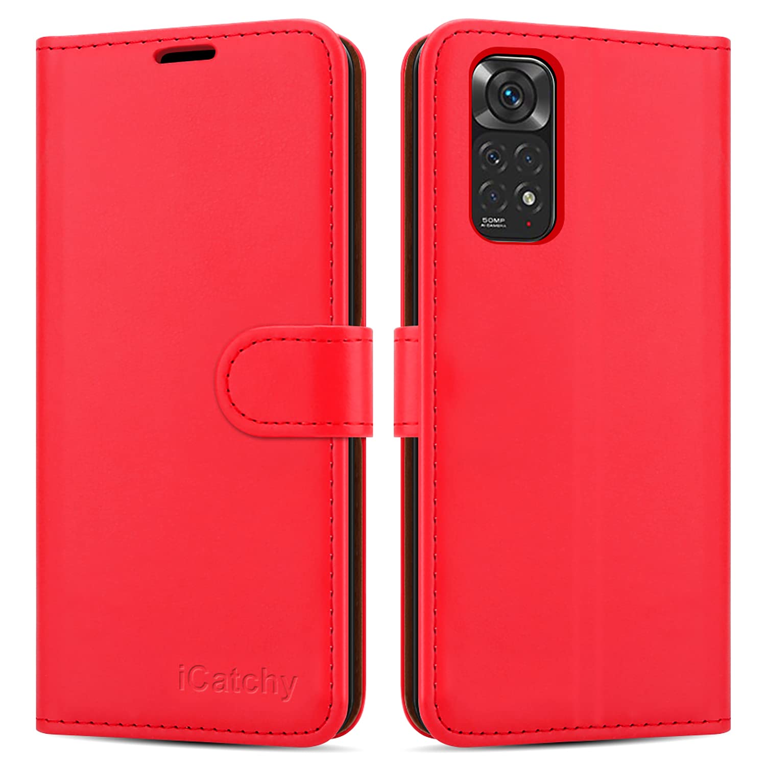 iCatchy for Xiaomi Redmi Note 11 Case Leather Wallet Book Flip Folio Stand View Cover with Card Slots and Kickstand for Redmi Note 11 Phone Cover (Red)