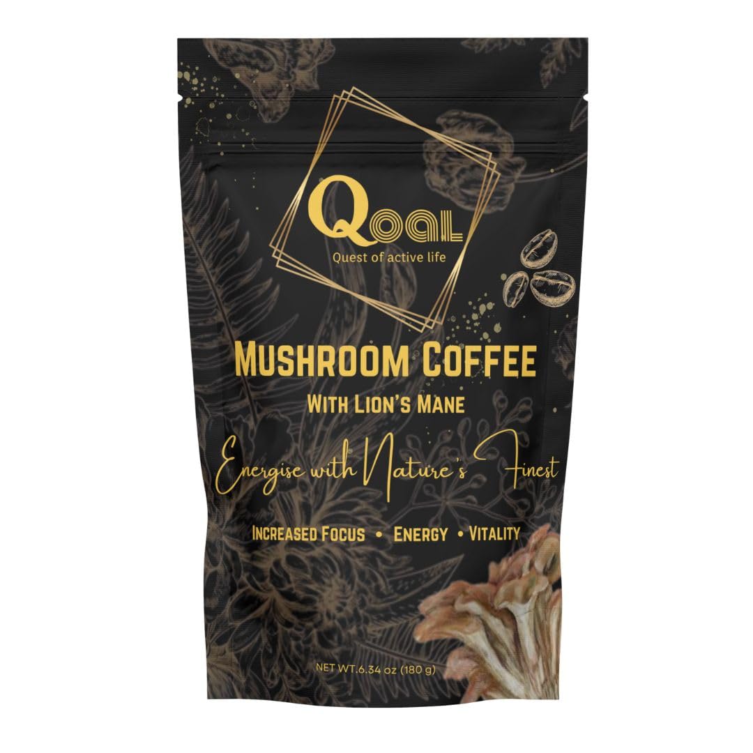 QOAL Mushroom Coffee, 100% Instant Arabica Coffee with Lion's Mane, Chaga, & Mushroom Powder l Increased Focus, Energy & Vitality l 180g for 45 Servings