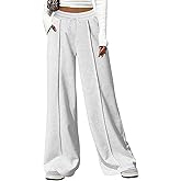 AUGCONE Women's Casual Pants Wide Leg Sweatpants High Waisted Fleece Drawstring Straight Lounge with Pockets