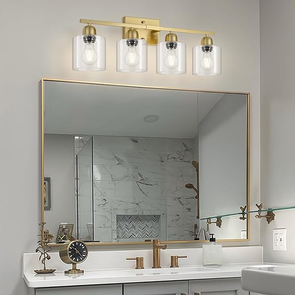FAISHILAN MODERN BRUSHED GOLD 4 LIGHT BATHROOM LIGHT FIXTURES, 24 INCH VANITY LIGHTS FOR BATHROOM WITH CLEAR GLASS, BATHROOM VANITY LIGHT FOR MIRROR KITCHEN LIVING ROOM HALLWAY CABINET PORCH