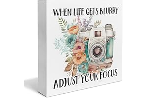 YXSEZ Inspirational Quote Desk Wooden Sign Decor When Life Gets Blurry Adjust Your Focus Square Wood Sign Desk Decoration Floral Camera Wood Block Box Sign for Shelf Home 5 x 5 Inches