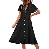 ROYLAMP Women's Floral Button Up Split Dress Deep V Short Bell Sleeve Casual Midi Dress with Pockets