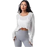SweatyRocks Women's Long Sleeve Workout Shirt Sheer Asymmetrical Athletic Crop Tops