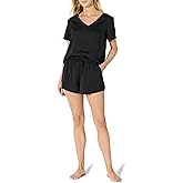 Amazon Essentials Women's Relaxed Fit Satin Short Sleeve V-Neck T-Shirt and Short Sleepwear Set