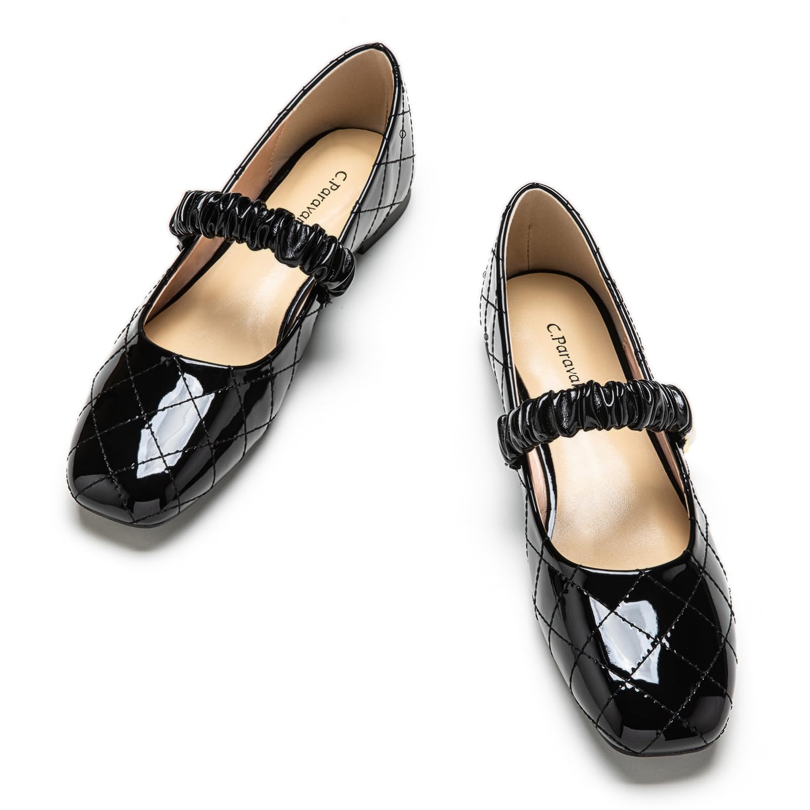 RayBelle Day Flats with Elastic Strap - Black Pebbled Leather