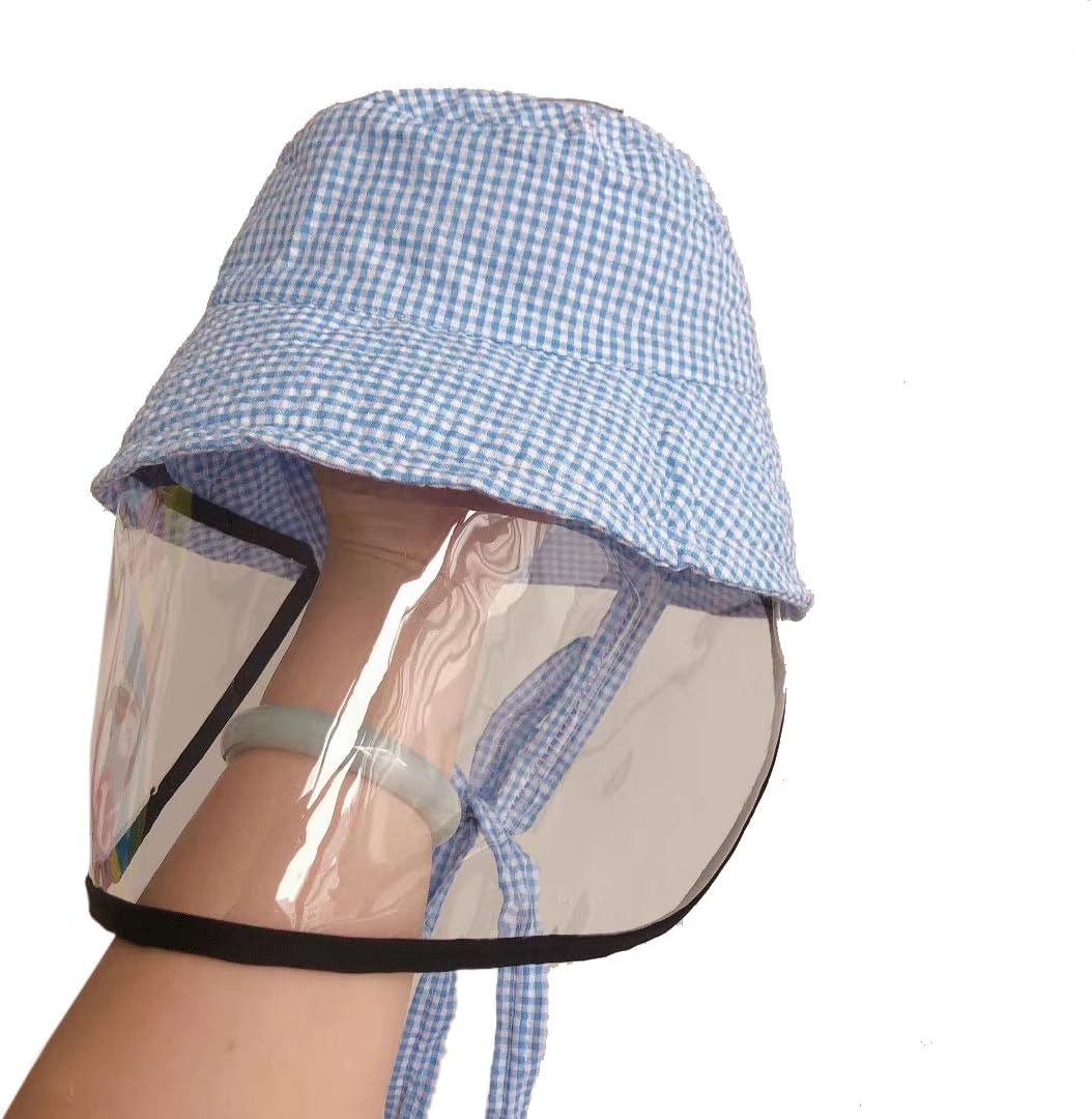 Kids Anti-Spitting Bucket Protective Hat Mask, Boys & Girls Face Shield Dustproof Anti-Saliva Cap - Lattice Blue