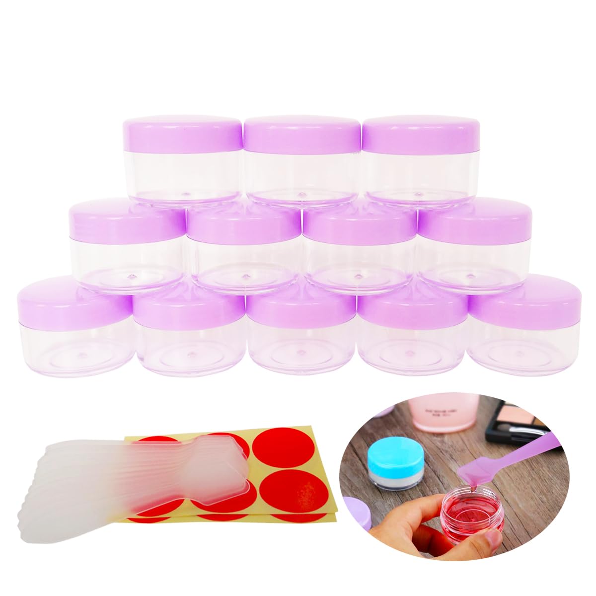 Wopanxye 12pcs 15 Gram 15ml Small Empty Sample Jars, Refillable Cosmetic Container, Plastic Round Pot Purple Screw Cap Lid, Tiny 15g Bottle Travel Size for Makeup Eye-shadow Nails Salves Ointments