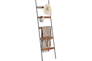 ELYKEN Blanket Ladder for Living Room, Farmhouse 5-Tier Quilt Holder with 4 Removable Hooks for Bathroom, Wood Towel Rack Display, Wall Anchor Leaning Decorative Stand for Home, Rustic Brown