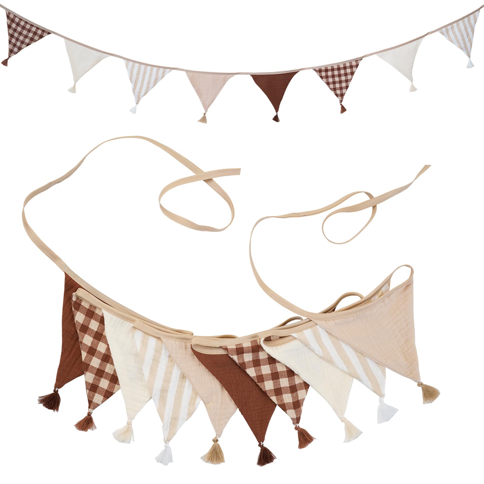G2PLUS Muslin Fabric Bunting with Tassel: 10PCS Double Sided Cotton Garland, 2.6m Nursery Fabric Triangle Banner for Nursery, Bedroom, Baby Shower, Brithday Party Decoration, Beige Brown