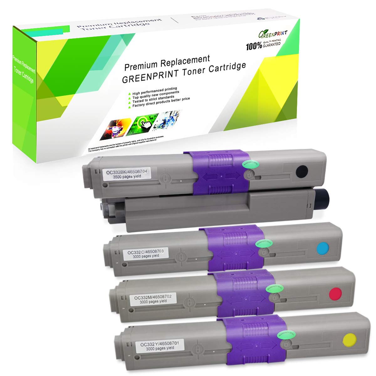 GREENPRINT C332 MC363 Compatible Toner Cartridges 4 Colors 3500 pages for Black & 3000 pages for Cyan Magenta Yellow for OKI Okidata Color Printer C332 MC363 C332dn MC363dn C332dnw MC363dnw