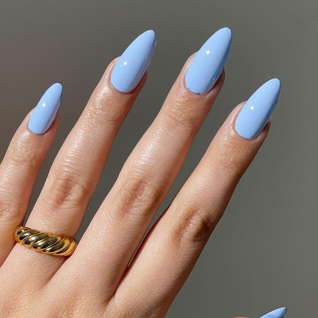 Light Blue Nails Press on Nails Almond Medium, Solid Color Glossy Fake Nails Press Ons Almond Shape, Stick on Nails for Women and Girls Daily Wear in 24PCS - Image 2