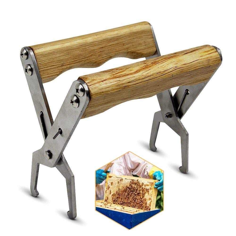 ALIXIN-Beekeeping Tools Nest Box Jig Beehive Tool with Wooden Handle,Stainless Steel Bee Hive Frame Grip Holder Lifter Capture Gripping Tool,Beekeeping Equipment Beekeeper Tools.