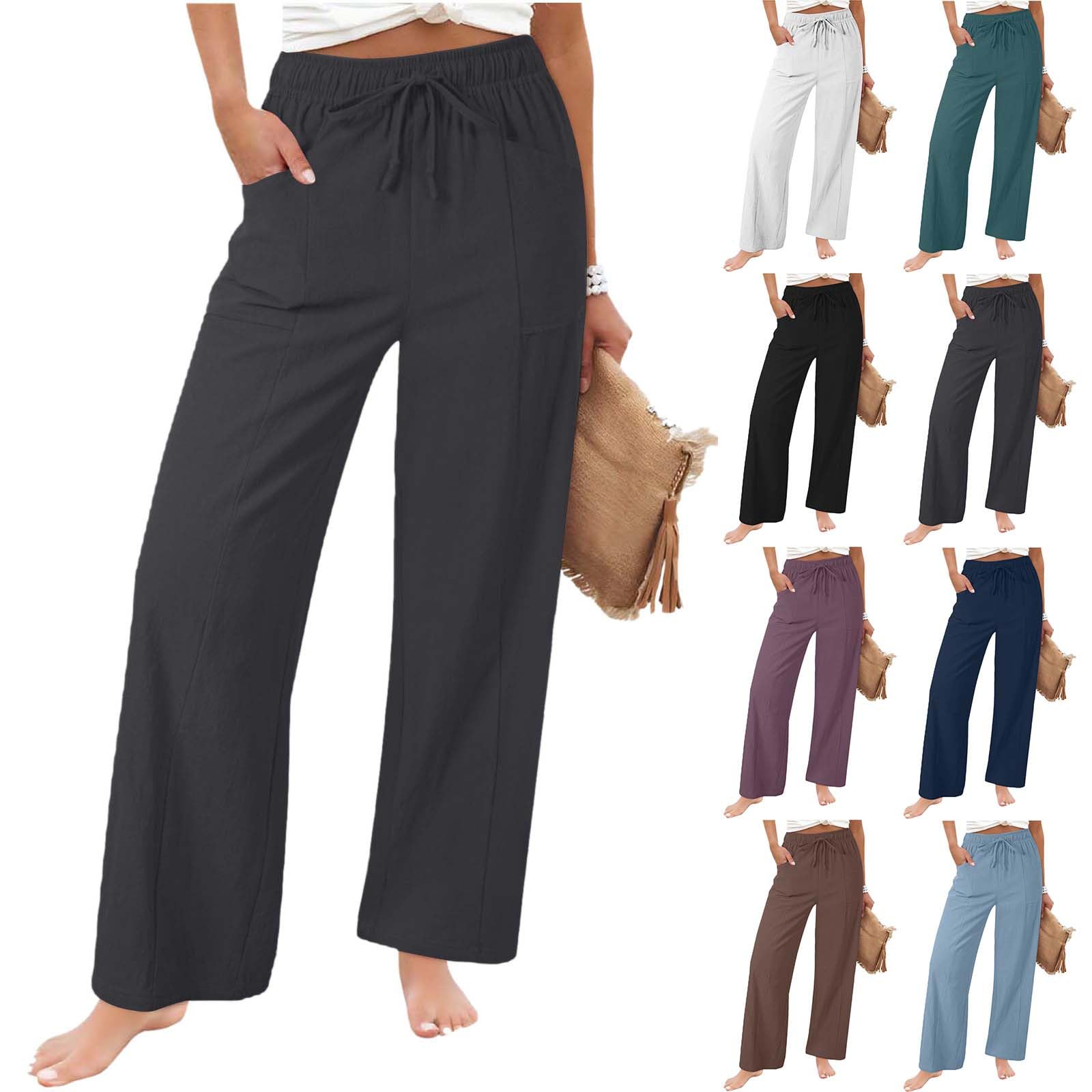 Cotton Linen Pants Women Wide Leg Summer Trousers Plus Size Drawstring Elastic Waist Casual Palazzo Pants with Pockets