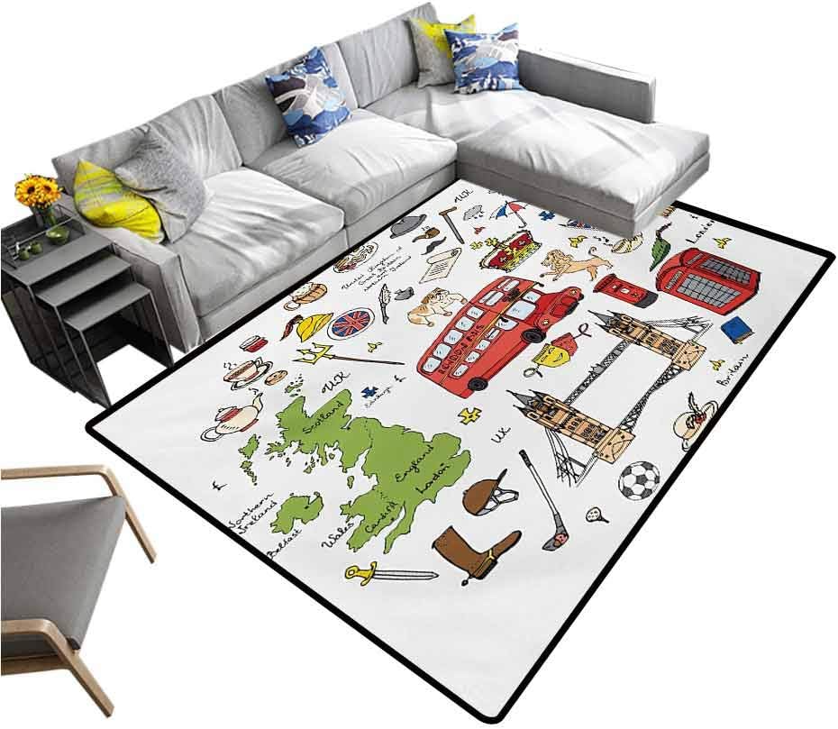 Travel Rug Pads Hand Drawn Famous Tourist Places Big Ben London UK British Monuments Illustration Carpet for Bedroom Multicolor (4'x6')