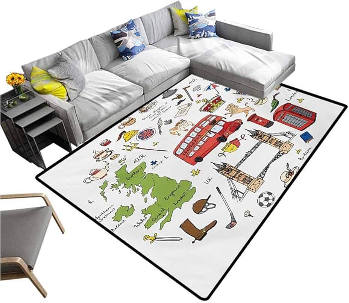 Travel Rug Pads Hand Drawn Famous Tourist Places Big Ben London UK British Monuments Illustration Carpet for Bedroom Multicolor (4'x6')
