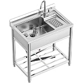 Stainless Steel Utility Sink, Free Standing Laundry Sink with Washboard | Laundry Tub with Cold and Hot Water Faucet for Laundry Room Kitchen Garage Basement Shop Garden, Indoor and Outdoor