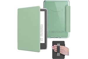 HOICHOE Case for 6" Kindle 2024/2022 Release (11 Generation), Light PU Leather Cover and Transparent Hard Back Shell with Hand Strap, Auto Sleep/Wake, Matcha Green