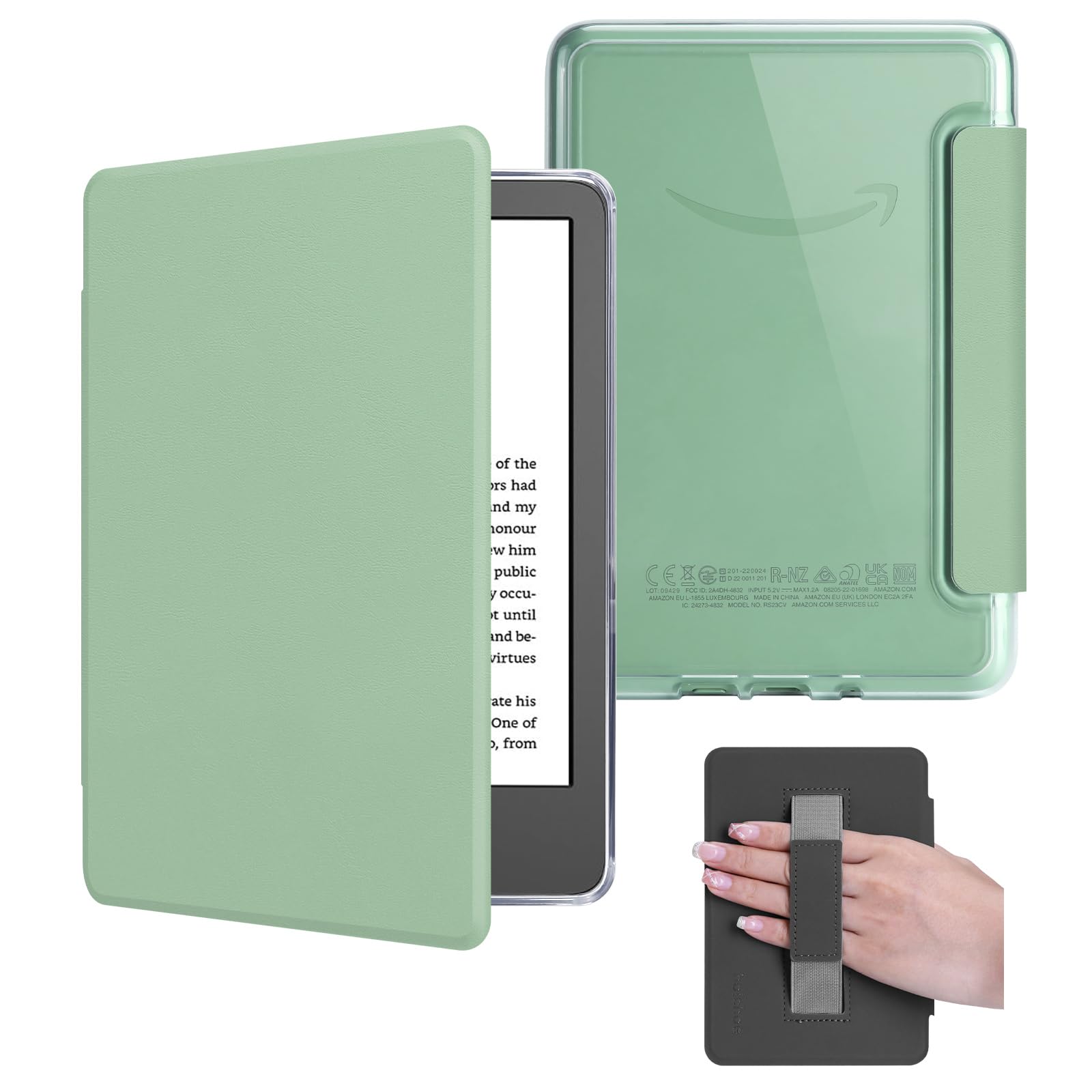 Photo 1 of HOICHOE Case for 6" Kindle 2024/2022 Release (11 Generation), Light PU Leather Cover and Transparent Hard Back Shell with Hand Strap, Auto Sleep/Wake, Matcha Green