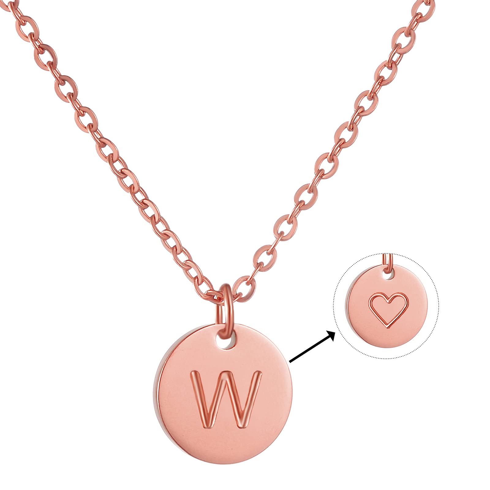 AFSTALR Initial Letter Necklace for Women Round Pendant with W Heart Necklace Personalized Birthday Jewellery Gifts RoseGold