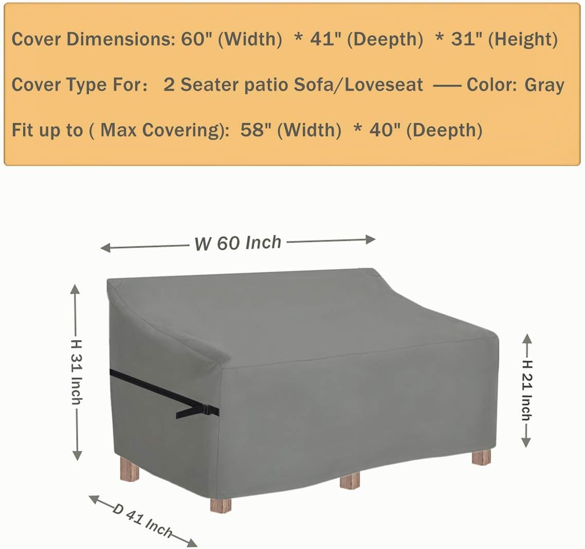 Hellex-2 Seater Patio Deep Lounge Sofa Cover/ Loveseat Covers Waterproof -59W x40D x31H Inch-Durable Woven Fabric Outdoor Patio Furniture Cover for Sofa/ Love seat/ Bench Covering-Gray: Kitchen & Dining