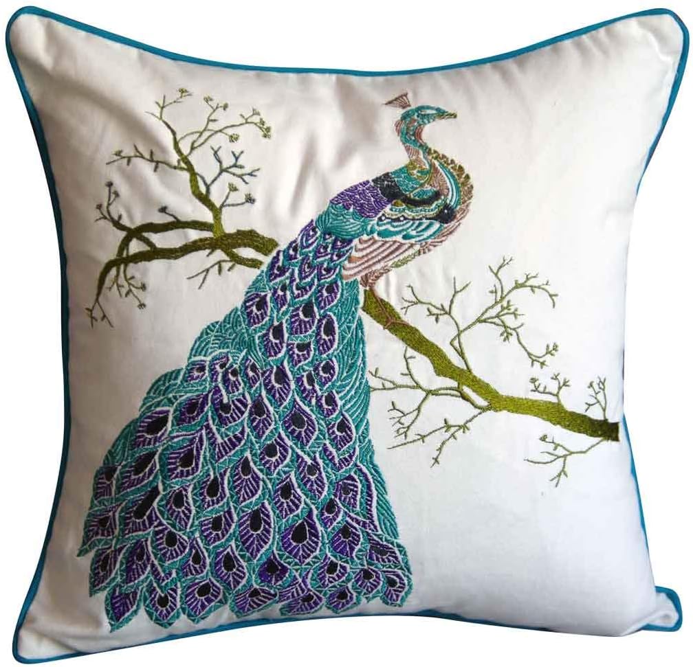 FAVDEC Embroidered Peacock Cover Flower Pattern 18 Inches x 18 Inches, Cover only (Peacock with Tree)