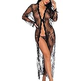 BIGFOX Women Sexy Lace Robe Long Sheer Gown Babydoll Kimono Lingerie Beach Cover Ups Swimsuit Coverup See Thourgh Nightgown