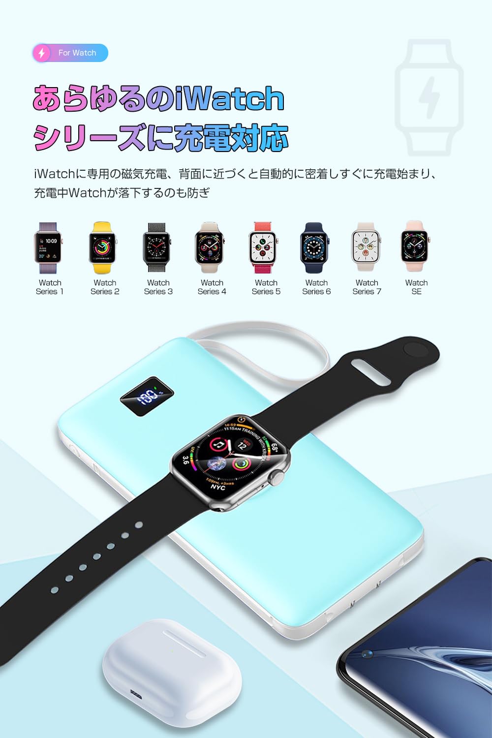 OMKUY Mobile Battery with Outlet, Supports iwatch, Charger, 10,000 mAh, Large Capacity (Folding AC Plug, Pass-Through, Simultaneous Charging for Watch & iPhone, PD 20W & SCP22.5 Rapid Charging,