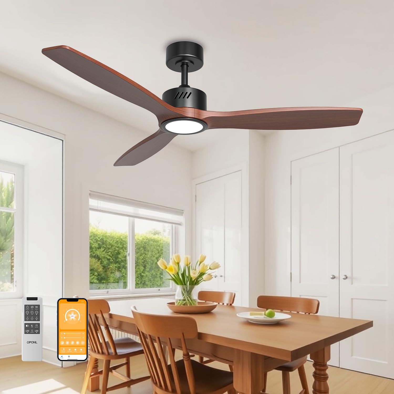 Photo 1 of ***UKNKNOWN IF MISSING PARTS***OPONL Natual Solid Wood Ceiling Fan with Light 52 Inch, Low Profile, Remote Control, Downrod Mount, Noiseless, Reversible, 6CCT, Dimmable, 6 speeds, Timeable, Ceiling Fans with Lights for Living Room