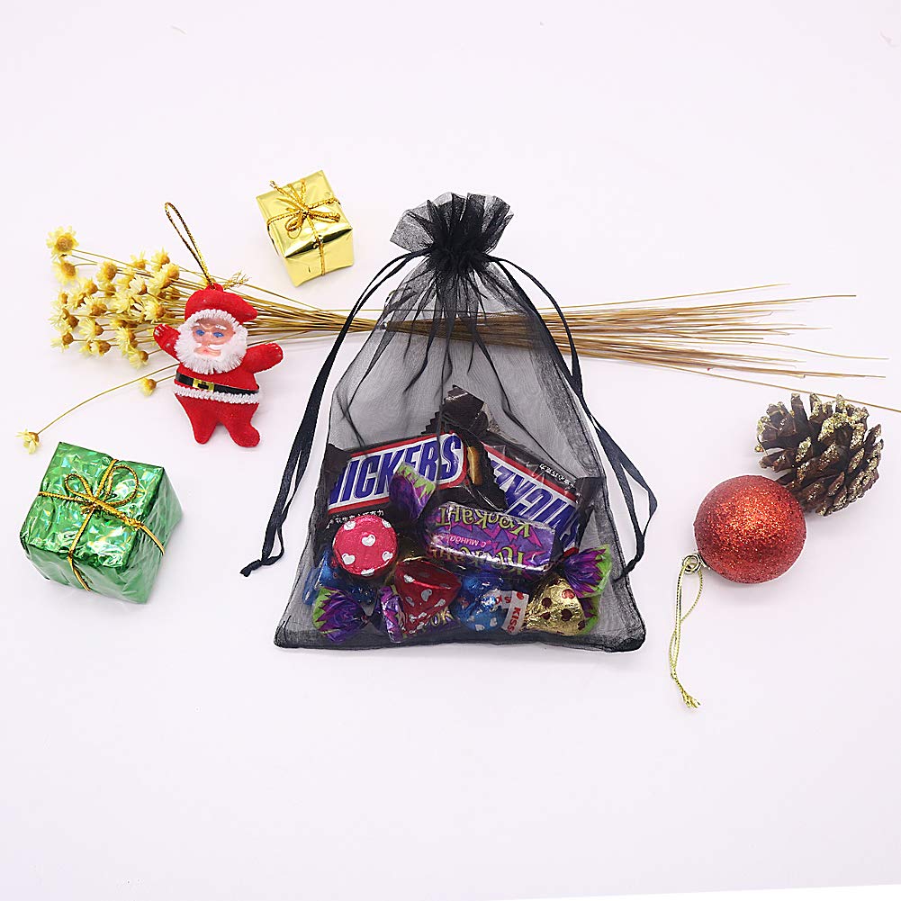 HRX Package Black Organza Bags 5x7 inch 100pcs, Mesh Candy Bags Jewelry Pouches Drawstring Empty Sachet for Present Wedding Giveaways