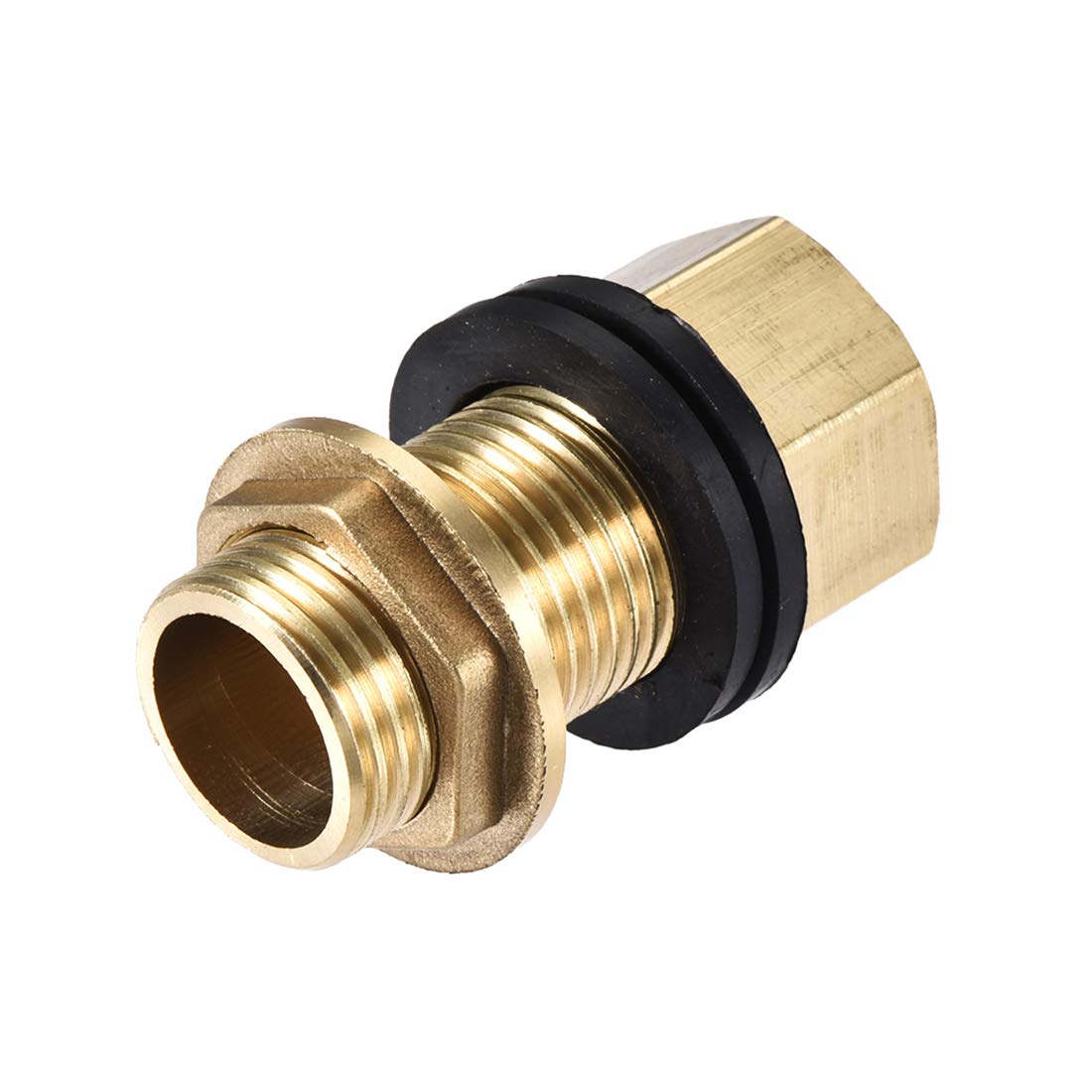 sourcing map Bulkhead Fitting, G1/2 Male 0.75" Female, Hex Tube Adaptor Connector Hose Fitting, with 2 Silicone Gaskets, for Water Tanks, Brass, Gold Tone
