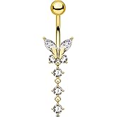 OUFER Gold Belly Button Ring, 14G Butterfly Dangle Belly Button Piercing, Pave Clear CZ Belly Rings, 316L Surgical Steel Navel Belly Piercing Jewelry For Women