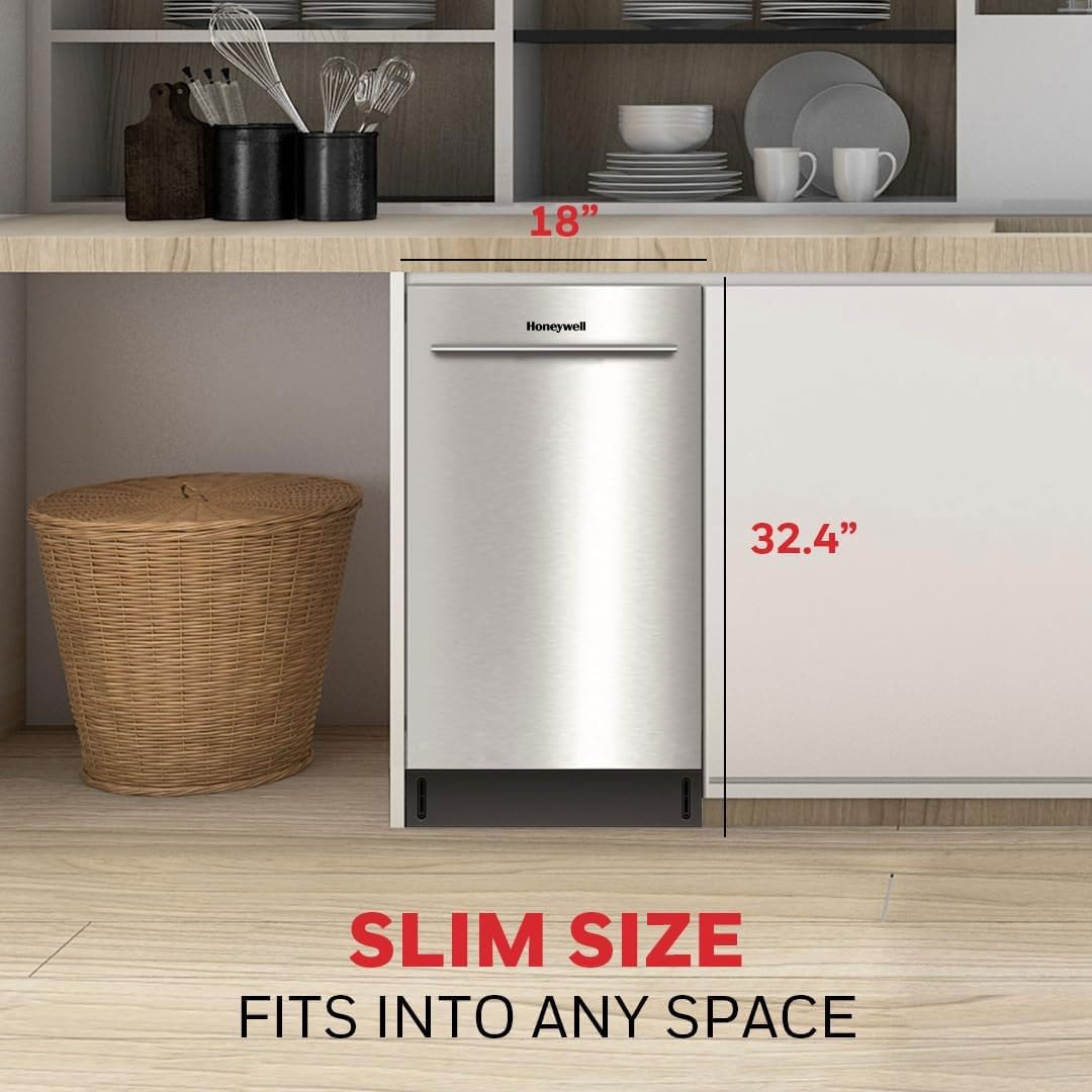 Honeywell 18 Inch Dishwasher with 8 Place settings, 6 Washing Programs, Stainless Steel Tub, UL/Energy Star- Stainless Steel