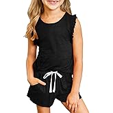 Dokotoo Girls Summer Cute T-Shirt Shorts Set Outfits Ruffle Sleeve Crew Neck Solid Stretchy Shorts Fashion Clothing with Side