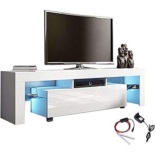 LED Light TV Stand Modern Media Storage Console Cabinet Wood High-Gloss TV Desk Entertainment Center for Television with Drawer and Shelves Living Room Furniture US in Stock (B-51.2×13.8×17.7in)