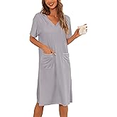 YYA Loose Nightgowns for Women Short Sleeve Sleepwear V Neck Nightshirt with Pockets Soft Pajama Dress S-3XL