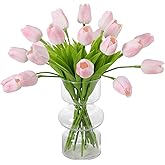 GAUIOGI 20 Pcs Artificial Pink Tulips Fake Flowers Bouquet, 13.3" Bendable Cuttable Stems PU Petals Realistic Tulip Faux Flowers for Home Office Wedding Decor