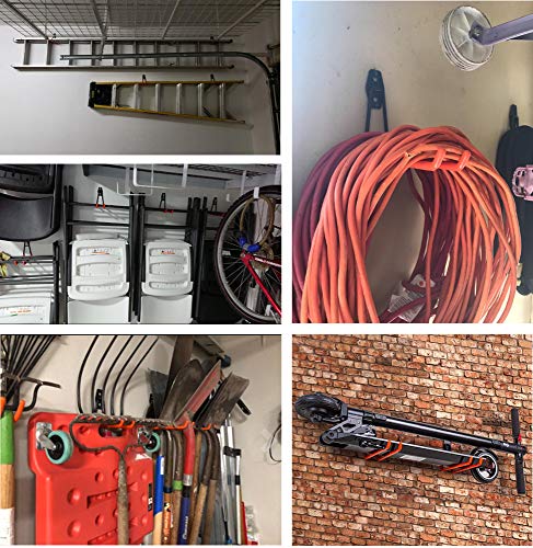 Garage Hooks Heavy Duty Storage Utility Hangers Wall Mount Garage Orgnaizier with Extended Double Arms for Ladders, Bikes, Heavy Tools, Garden Hoses, and Other Bulky Items (4 Pack/Orange Color)